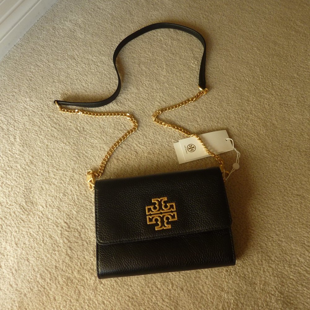 Tory Burch 'Britten' Leather T Logo Chain Strap Shoulder Bag (Black) - NEW